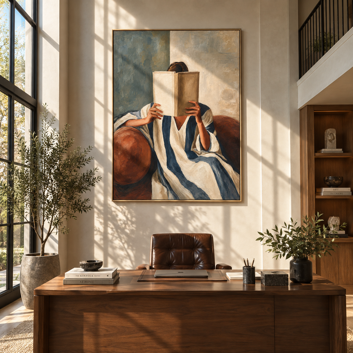 Brown Book Guards Stillness – woman reading large brown book, Retro Modern vertical wall art - displayed beside a bedroom dresser