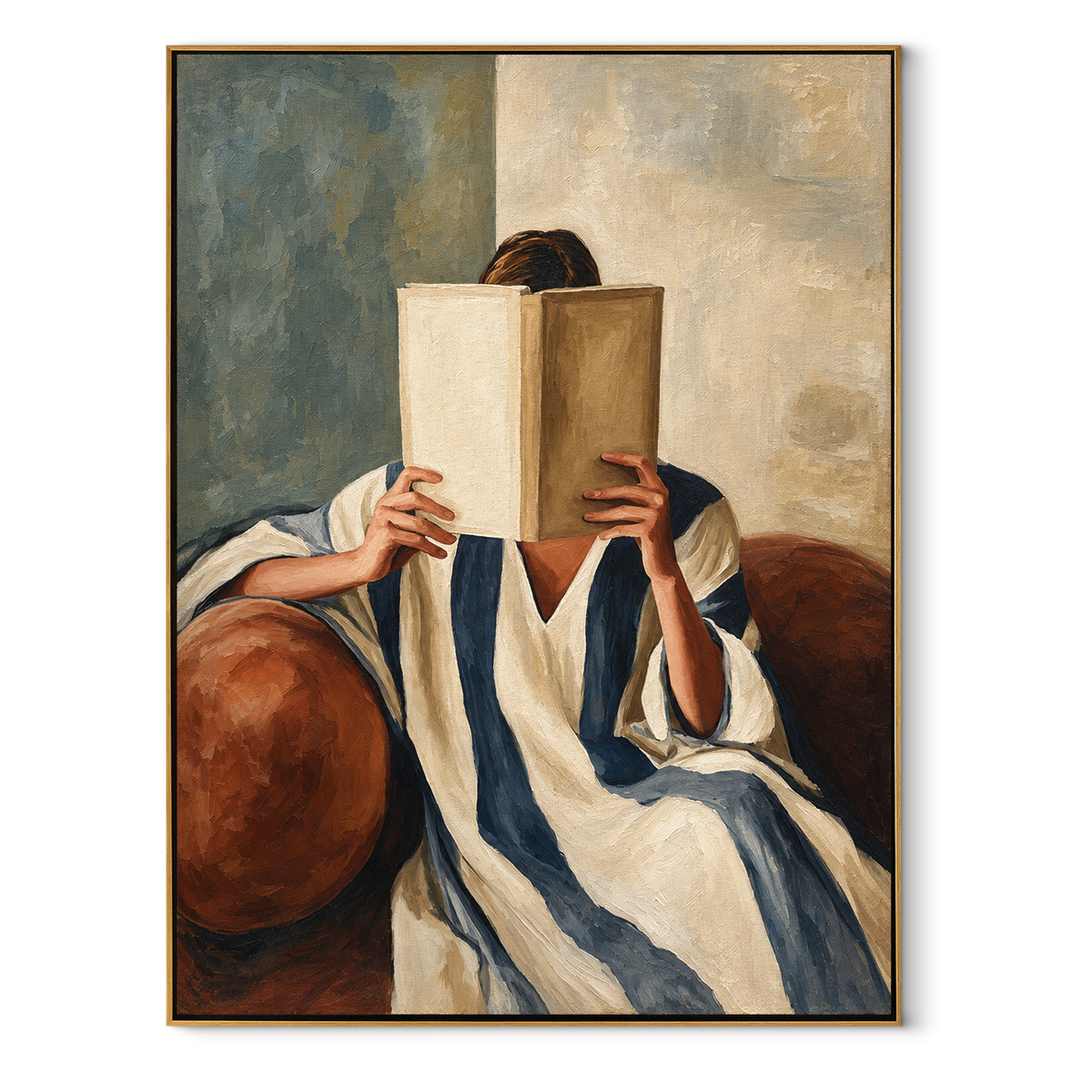 Brown Book Guards Stillness – woman reading large brown book, Retro Modern vertical wall art - wood frame on white background
