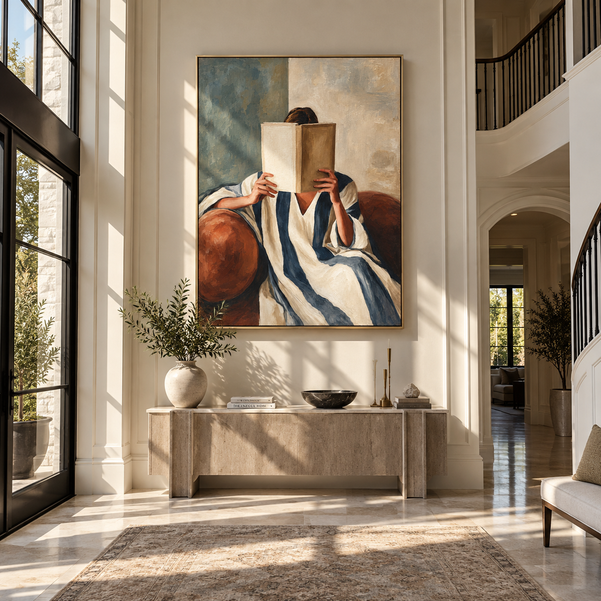 Brown Book Guards Stillness – woman reading large brown book, Retro Modern vertical wall art - displayed in a quiet reading corner