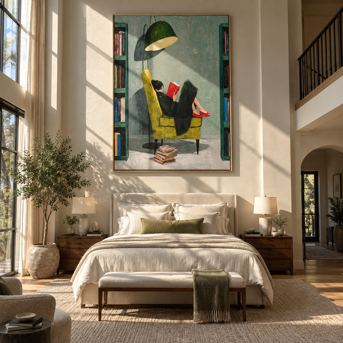 Red Heels Read Alone – woman reading under green lamp, Retro Modern vertical wall art - displayed through an entryway