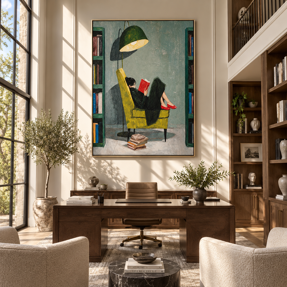 Red Heels Read Alone – woman reading under green lamp, Retro Modern vertical wall art - displayed above a narrow living room console