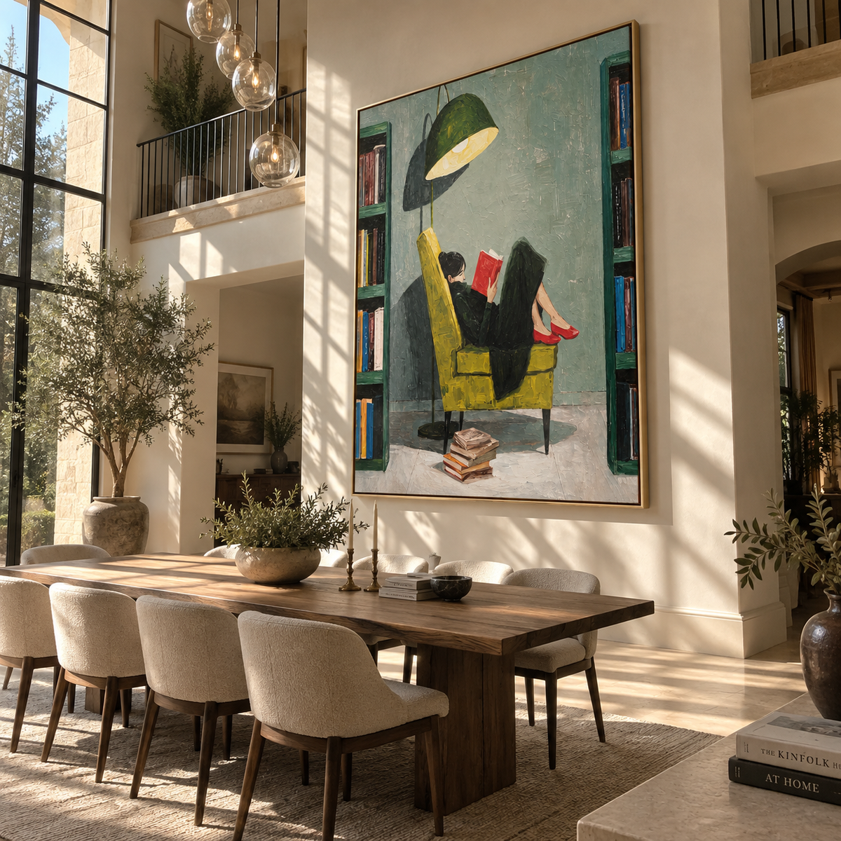 Red Heels Read Alone – woman reading under green lamp, Retro Modern vertical wall art - displayed in a quiet reading corner
