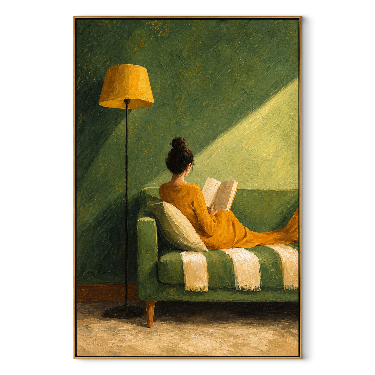 Sunbeam Crosses Open Pages – woman reading in sunlit chair, Retro Modern vertical wall art - wood frame on white background