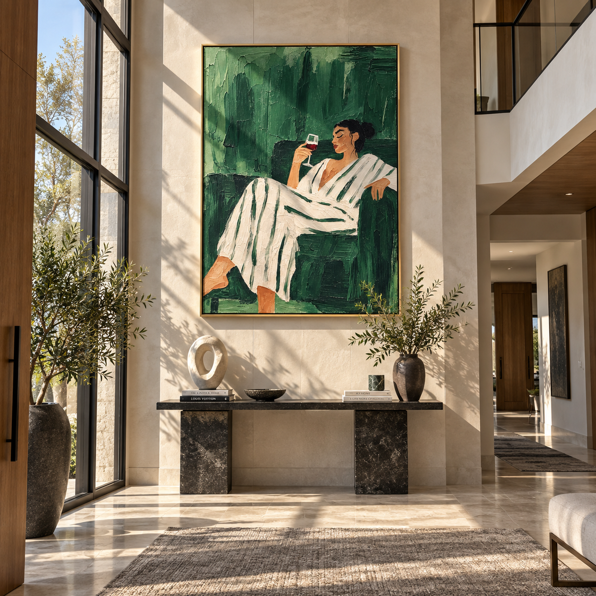 Green Evening Raises Glass – woman in striped suit drinking wine, Retro Modern vertical wall art - displayed beside a bedroom dresser