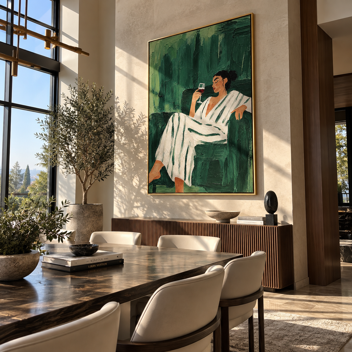 Green Evening Raises Glass – woman in striped suit drinking wine, Retro Modern vertical wall art - displayed along a stair landing