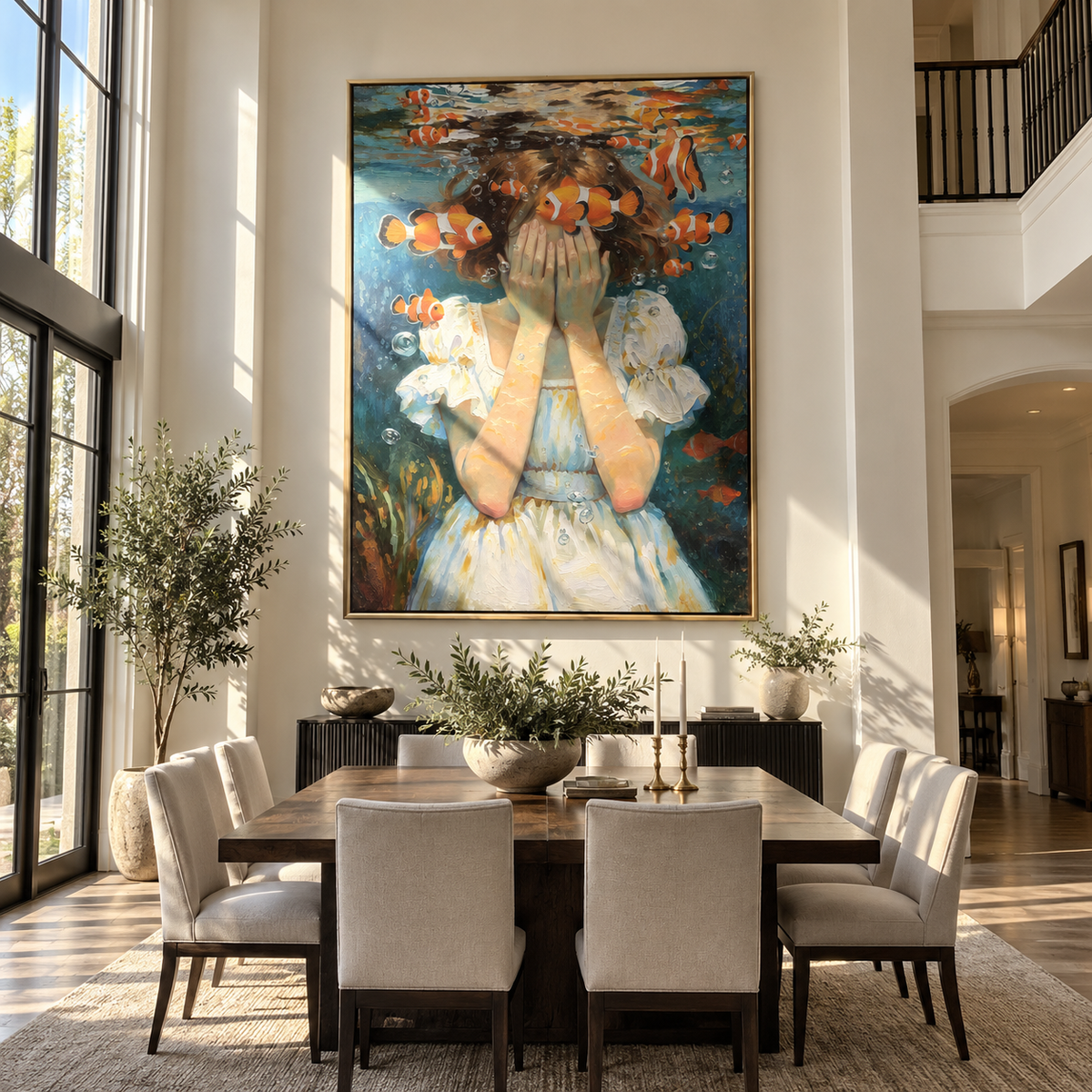 Clownfish Circle Hidden Eyes – underwater woman with clownfish, Retro Modern vertical wall art - displayed along a stair landing