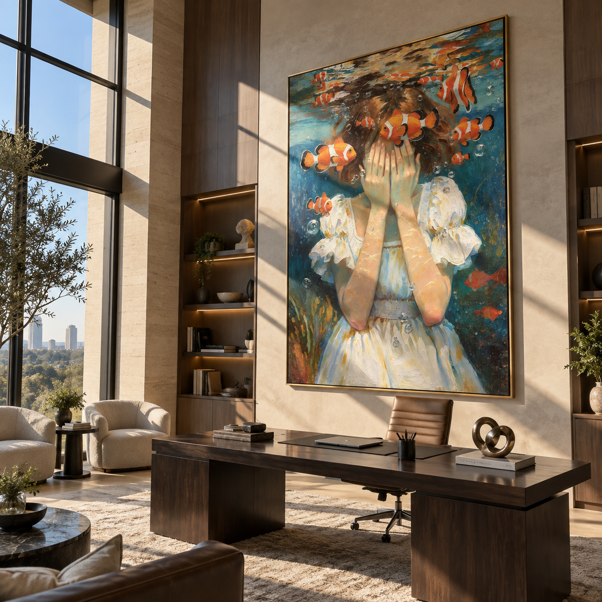 Clownfish Circle Hidden Eyes – underwater woman with clownfish, Retro Modern vertical wall art - displayed above a narrow living room console