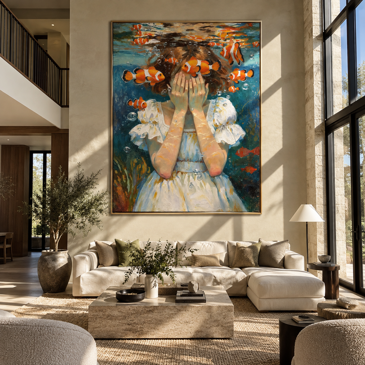 Clownfish Circle Hidden Eyes – underwater woman with clownfish, Retro Modern vertical wall art - displayed in a quiet reading corner
