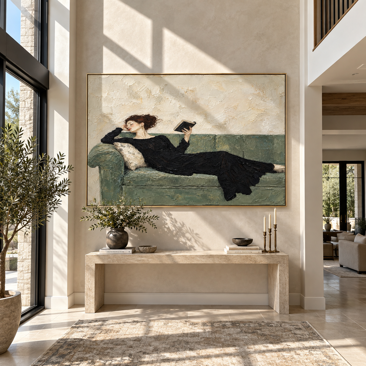 Black Dress Reads Sideways – reclining woman reading on sofa, Retro Modern horizontal wall art - displayed beside a dining sideboard
