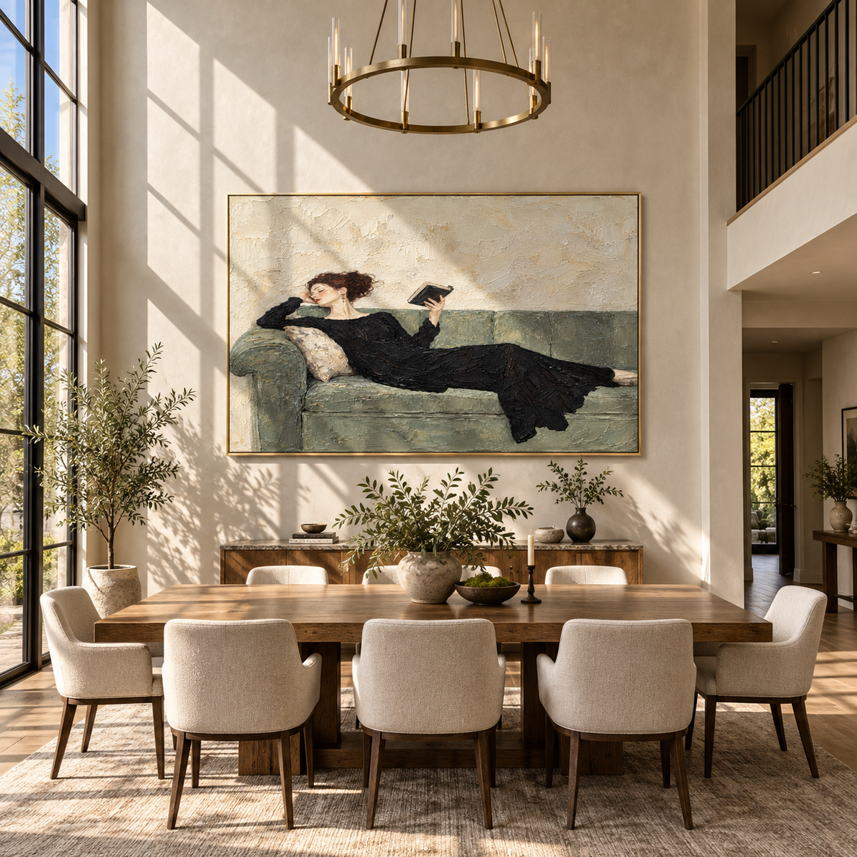 Black Dress Reads Sideways – reclining woman reading on sofa, Retro Modern horizontal wall art - displayed over a home office credenza