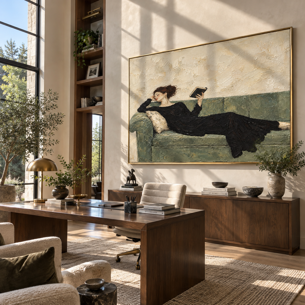 Black Dress Reads Sideways – reclining woman reading on sofa, Retro Modern horizontal wall art - displayed in an open-plan lounge
