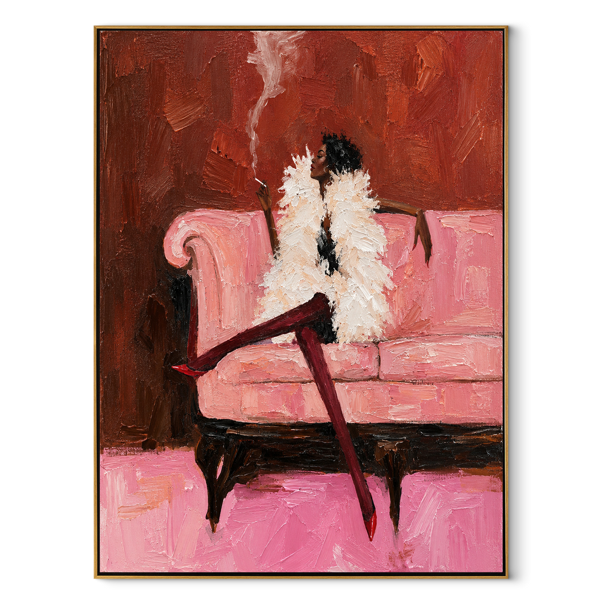 Pink Room Keeps Secrets – feathered woman on pink sofa, Retro Modern vertical wall art - wood frame on white background