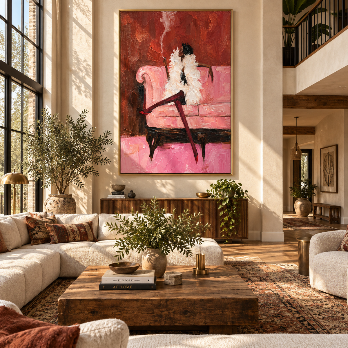 Pink Room Keeps Secrets – feathered woman on pink sofa, Retro Modern vertical wall art - displayed in a quiet reading corner