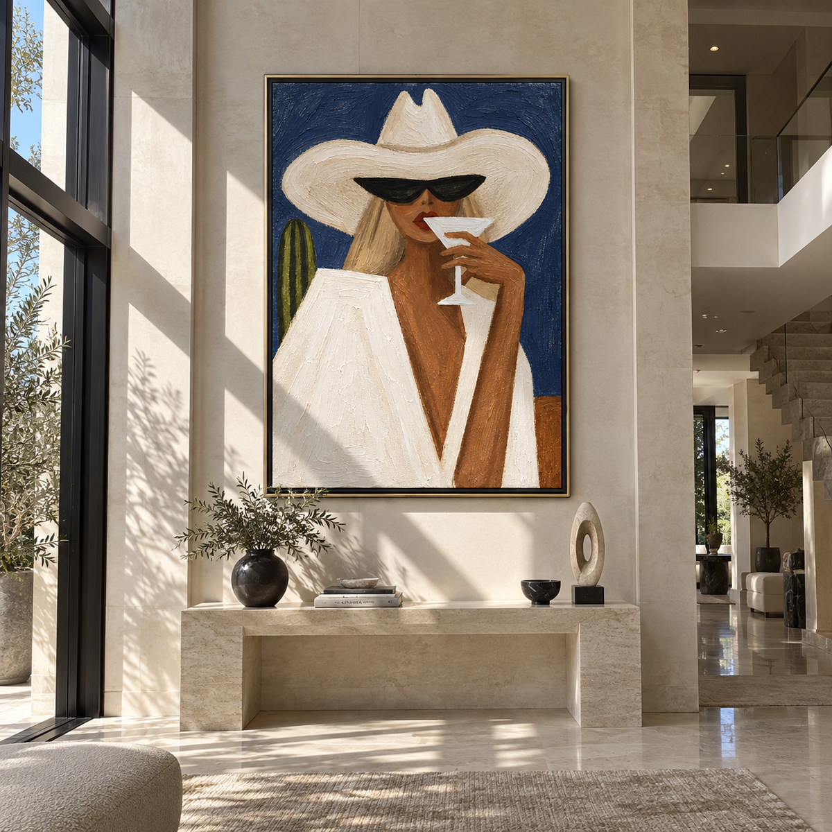 White Brim Sips Noon – white hat woman holding cocktail, Retro Modern vertical wall art - displayed along a stair landing