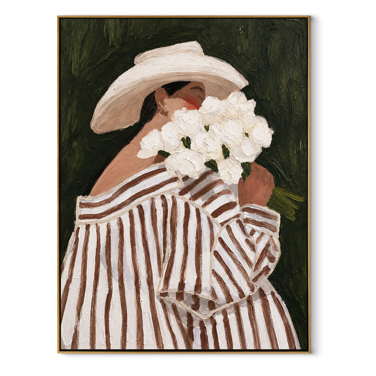 White Blooms Hide Her – striped woman holding white flowers, Retro Modern vertical wall art - wood frame on white background