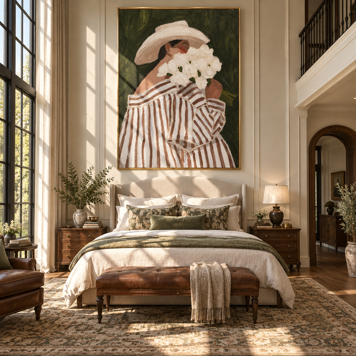 White Blooms Hide Her – striped woman holding white flowers, Retro Modern vertical wall art - displayed through an entryway