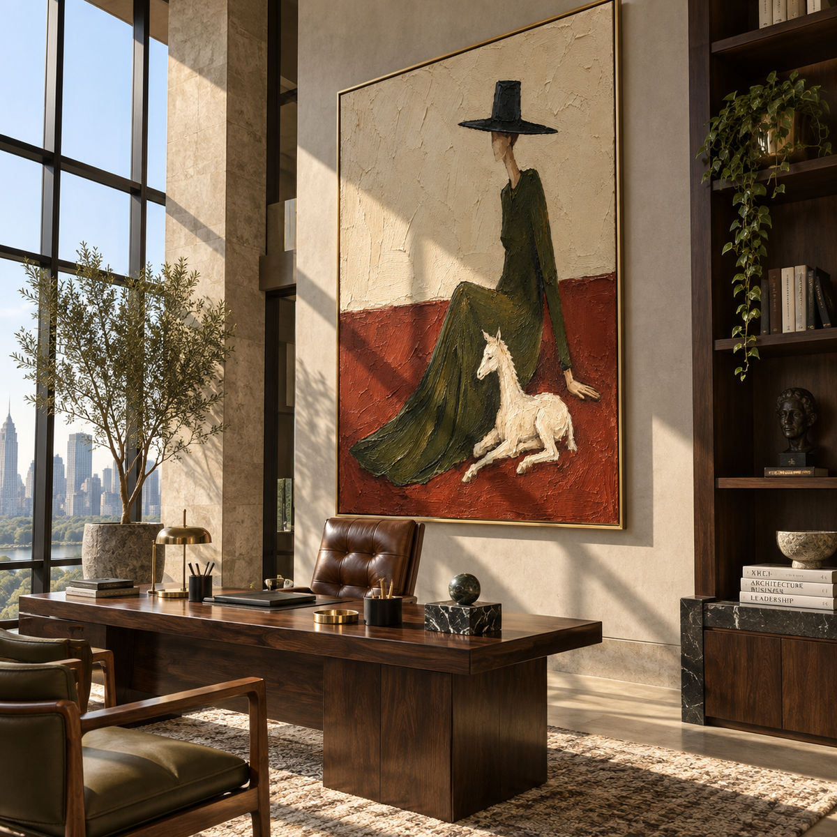 Tall Hat Leads Pony – tall hat woman with white horse, Retro Modern vertical wall art - displayed through an entryway
