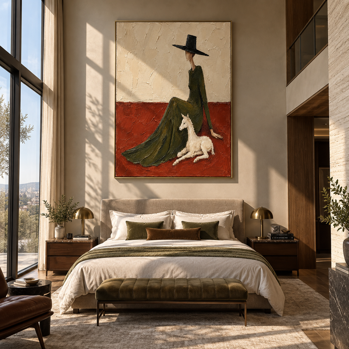 Tall Hat Leads Pony – tall hat woman with white horse, Retro Modern vertical wall art - displayed above a narrow living room console