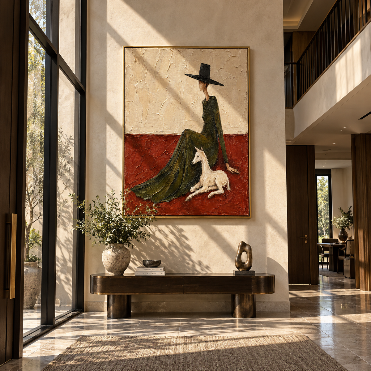 Tall Hat Leads Pony – tall hat woman with white horse, Retro Modern vertical wall art - displayed in a quiet reading corner