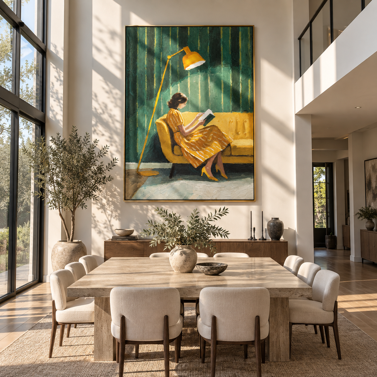 Golden Lamp Guards Pages – woman reading under golden lamp, Retro Modern vertical wall art - displayed beside a bedroom dresser