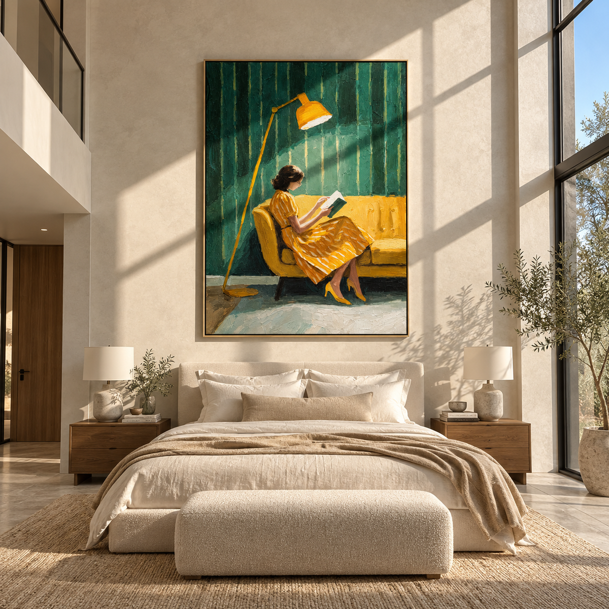 Golden Lamp Guards Pages – woman reading under golden lamp, Retro Modern vertical wall art - displayed above a narrow living room console