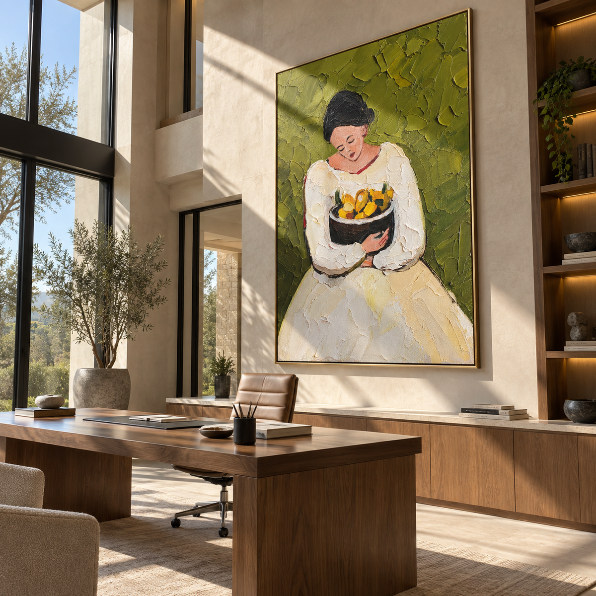 Lemon Bowl Rests Gently – woman holding bowl of lemons, Retro Modern vertical wall art - displayed through an entryway