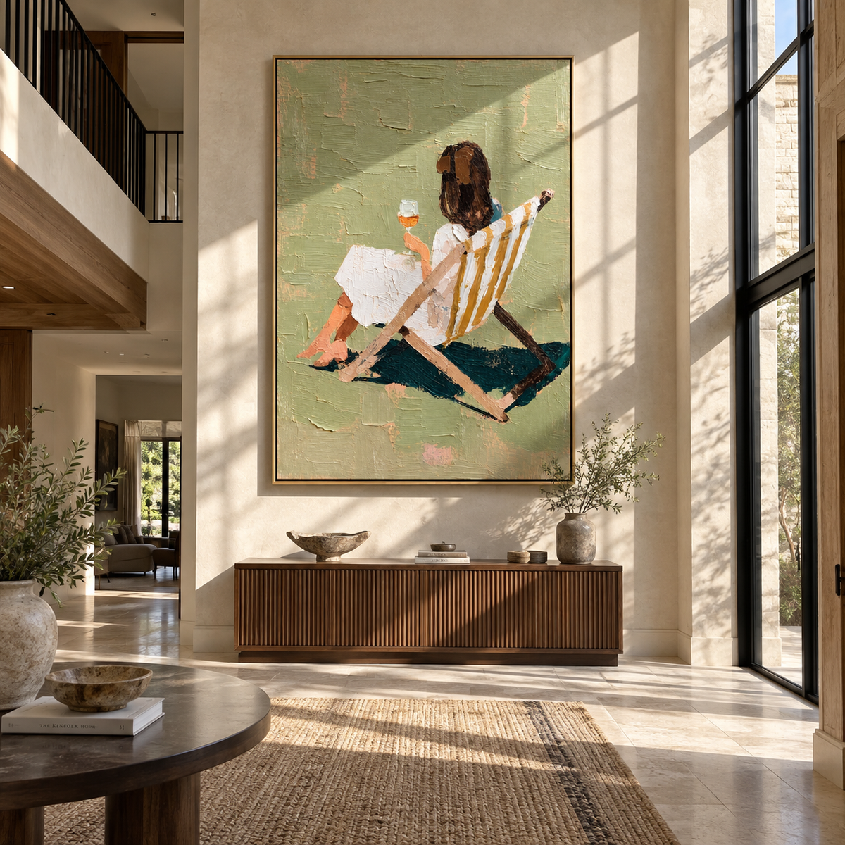 Striped Chair Faces Sunset – seated woman holding wineglass, Retro Modern vertical wall art - displayed beside a bedroom dresser