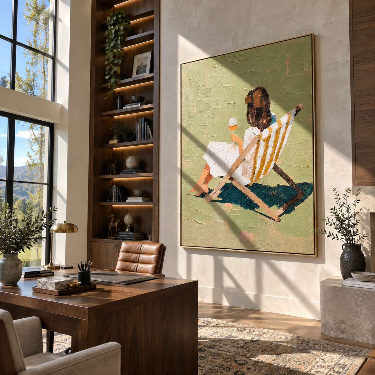 Striped Chair Faces Sunset – seated woman holding wineglass, Retro Modern vertical wall art - displayed along a stair landing