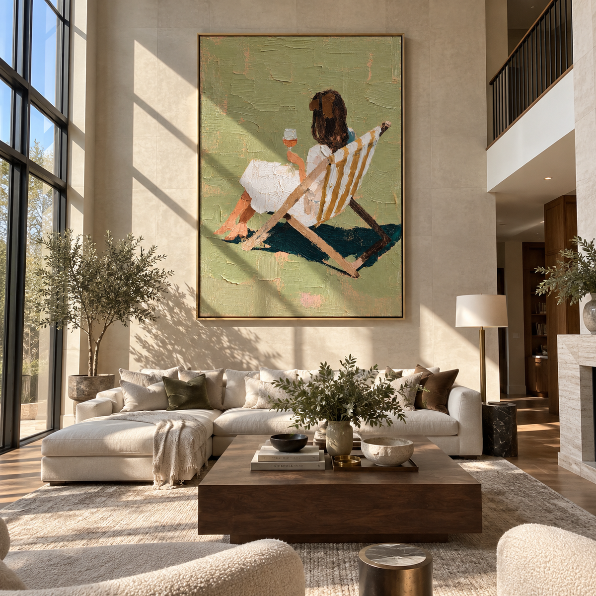 Striped Chair Faces Sunset – seated woman holding wineglass, Retro Modern vertical wall art - displayed above a narrow living room console