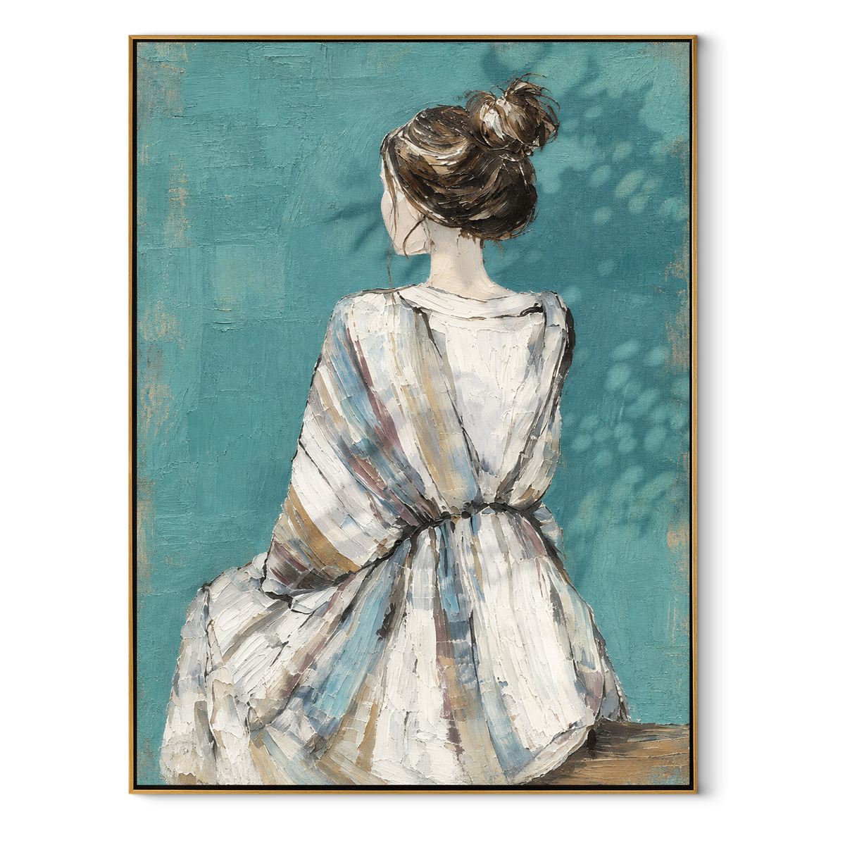 Blue Dress Faces Stillness – back facing woman in blue dress, Retro Modern vertical wall art - wood frame on white background