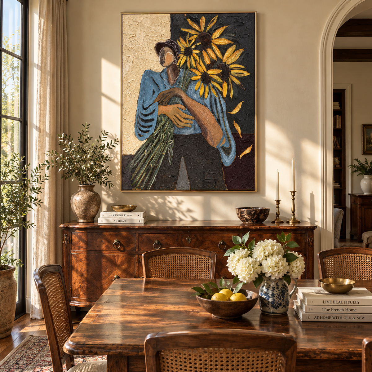 Sunflowers Shelter Blue Sleeves – woman holding sunflowers, Retro Modern vertical wall art - displayed along a stair landing