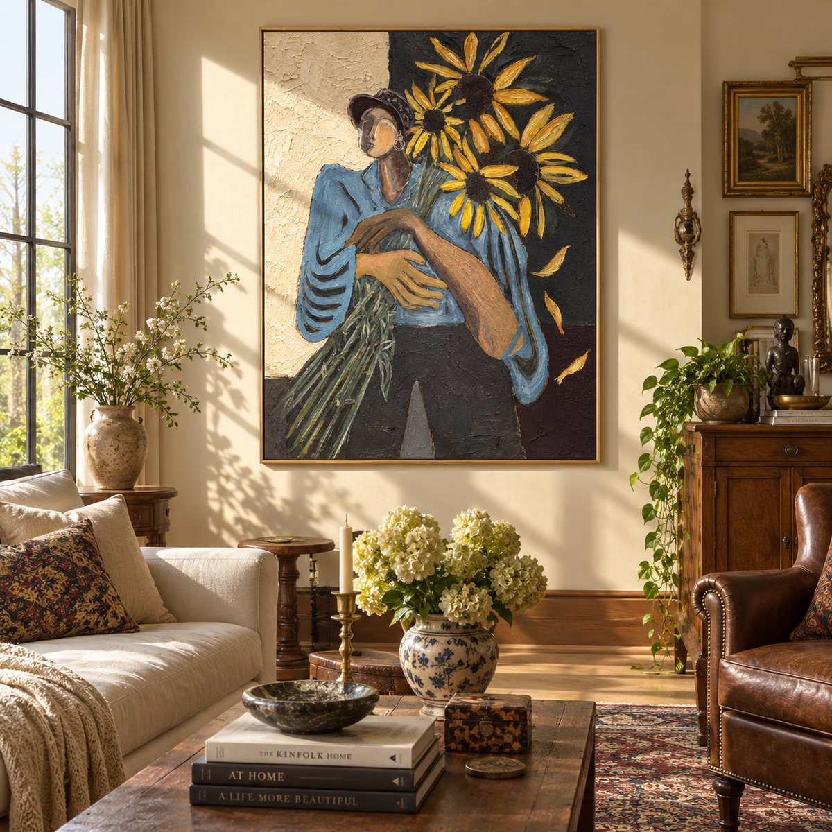 Sunflowers Shelter Blue Sleeves – woman holding sunflowers, Retro Modern vertical wall art - displayed in a quiet reading corner