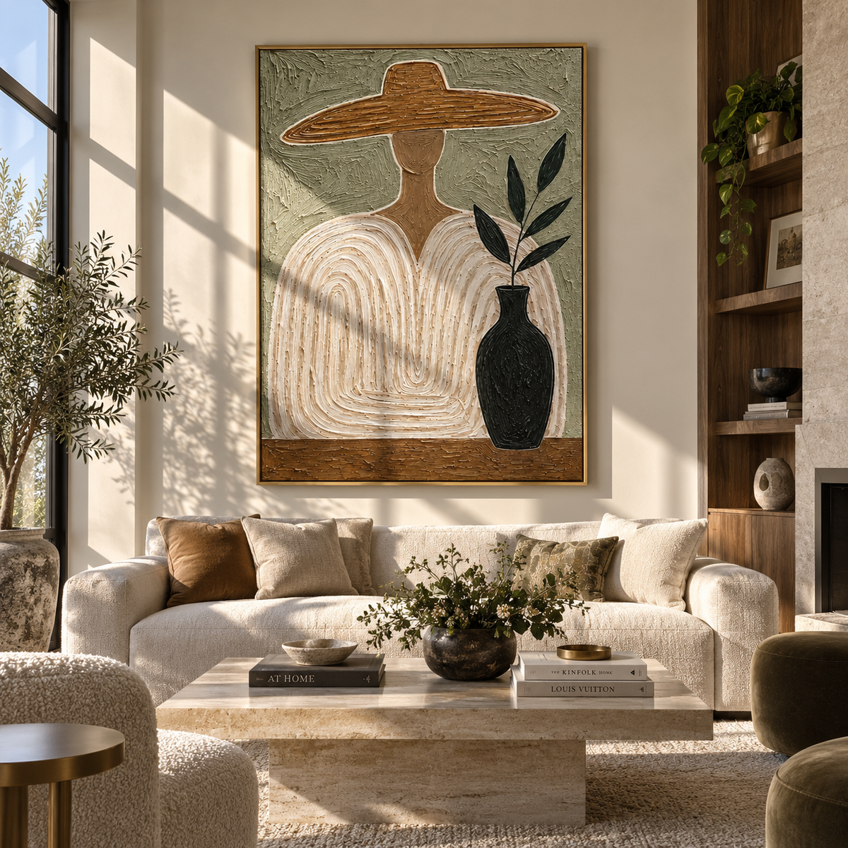 Quiet Outline – wide-brim figure with vase, Retro Modern vertical wall art - displayed beside a bedroom dresser