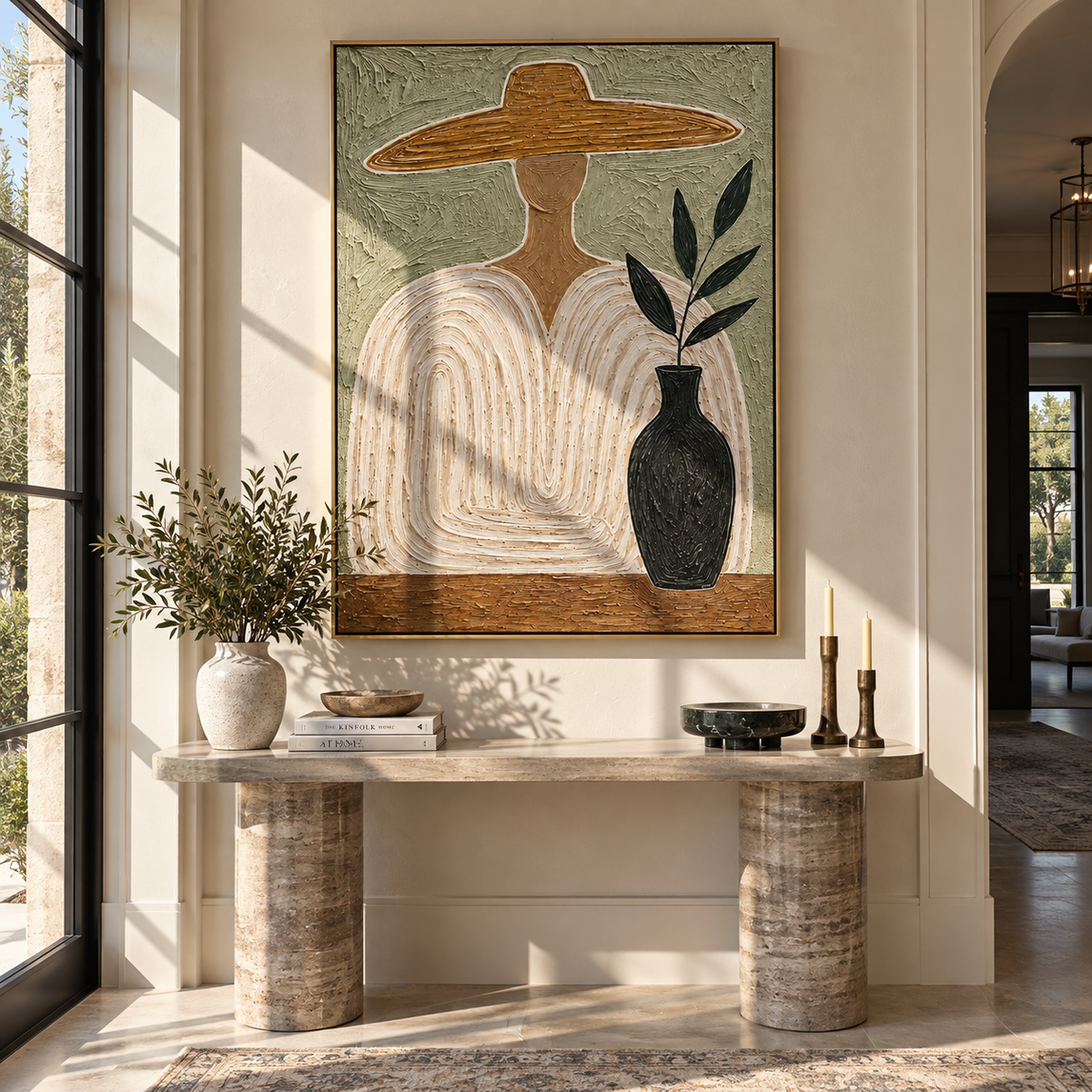 Quiet Outline – wide-brim figure with vase, Retro Modern vertical wall art - displayed above a narrow living room console