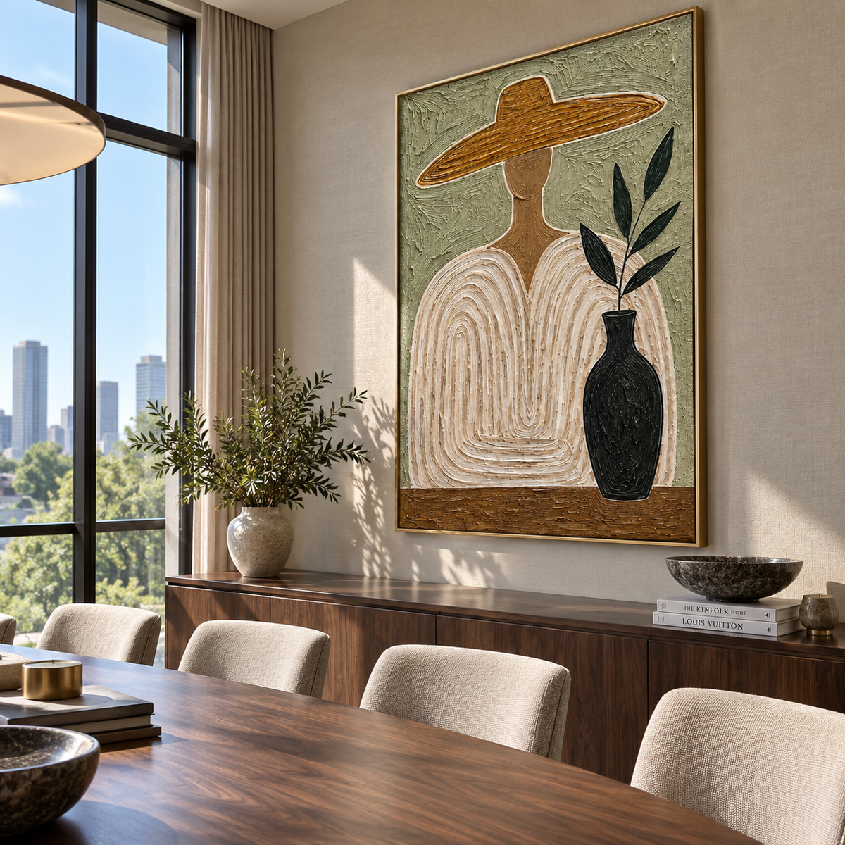 Quiet Outline – wide-brim figure with vase, Retro Modern vertical wall art - displayed in a quiet reading corner