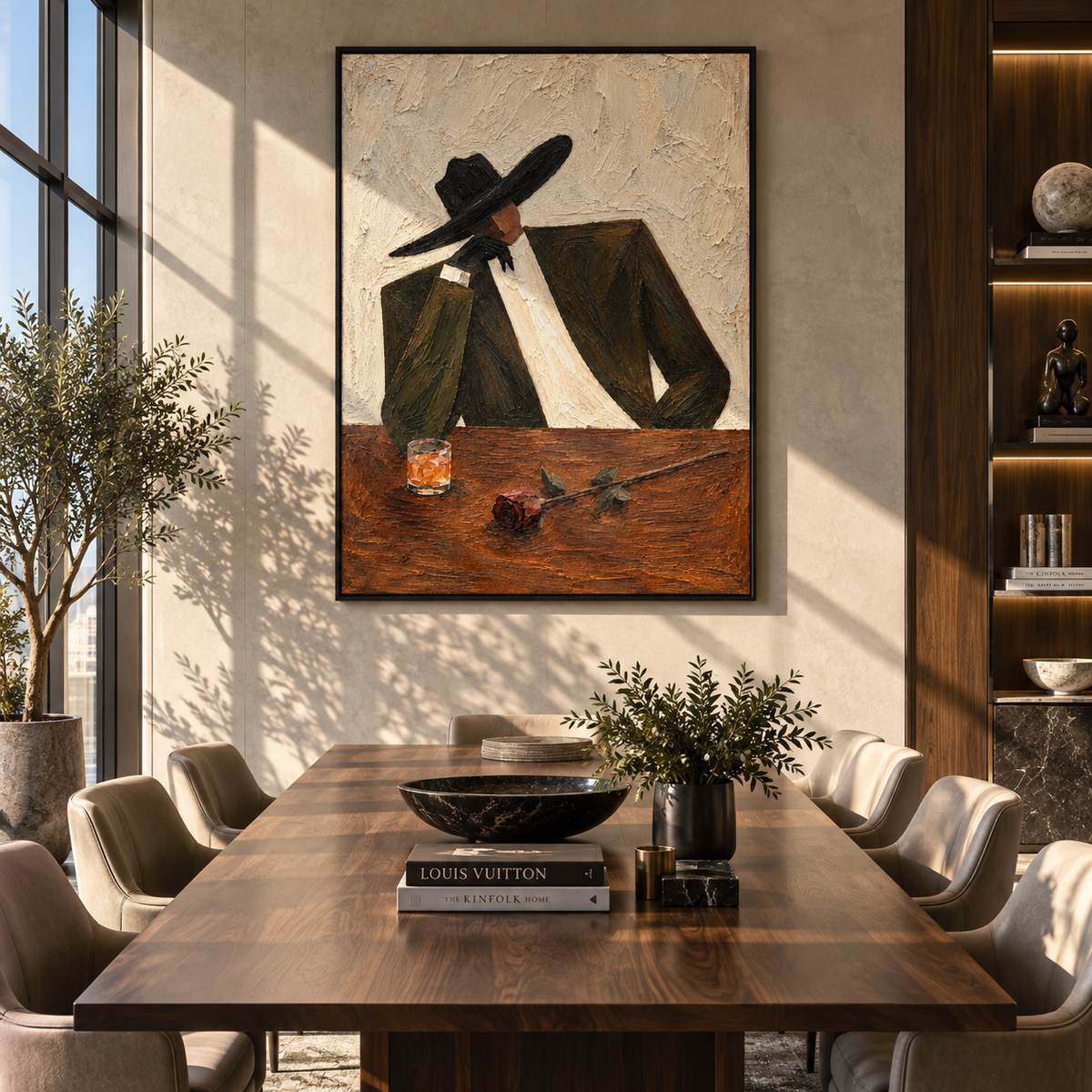 After Hours – tailored figure at the bar, Retro Modern vertical wall art - displayed along a stair landing