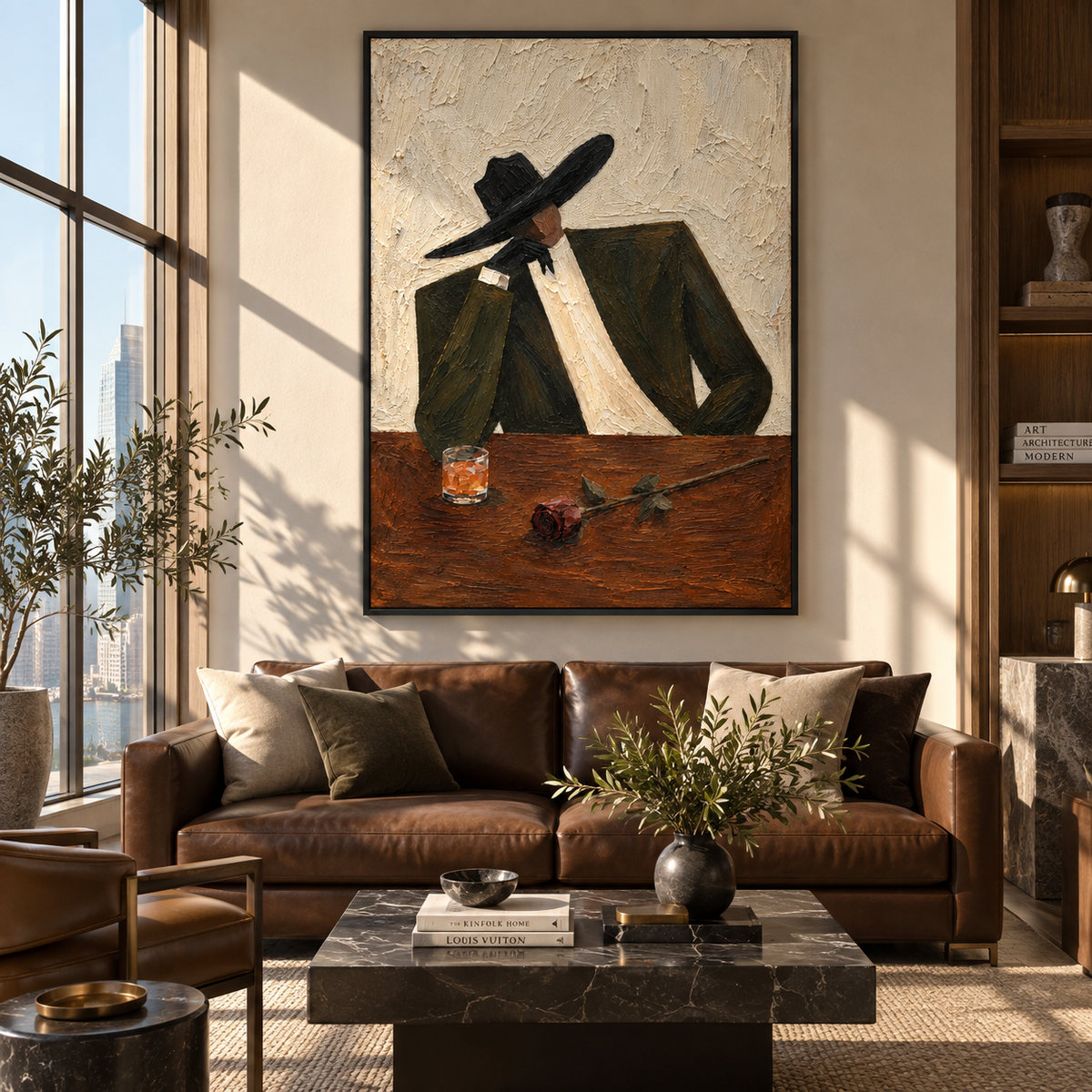 After Hours – tailored figure at the bar, Retro Modern vertical wall art - displayed in a quiet reading corner