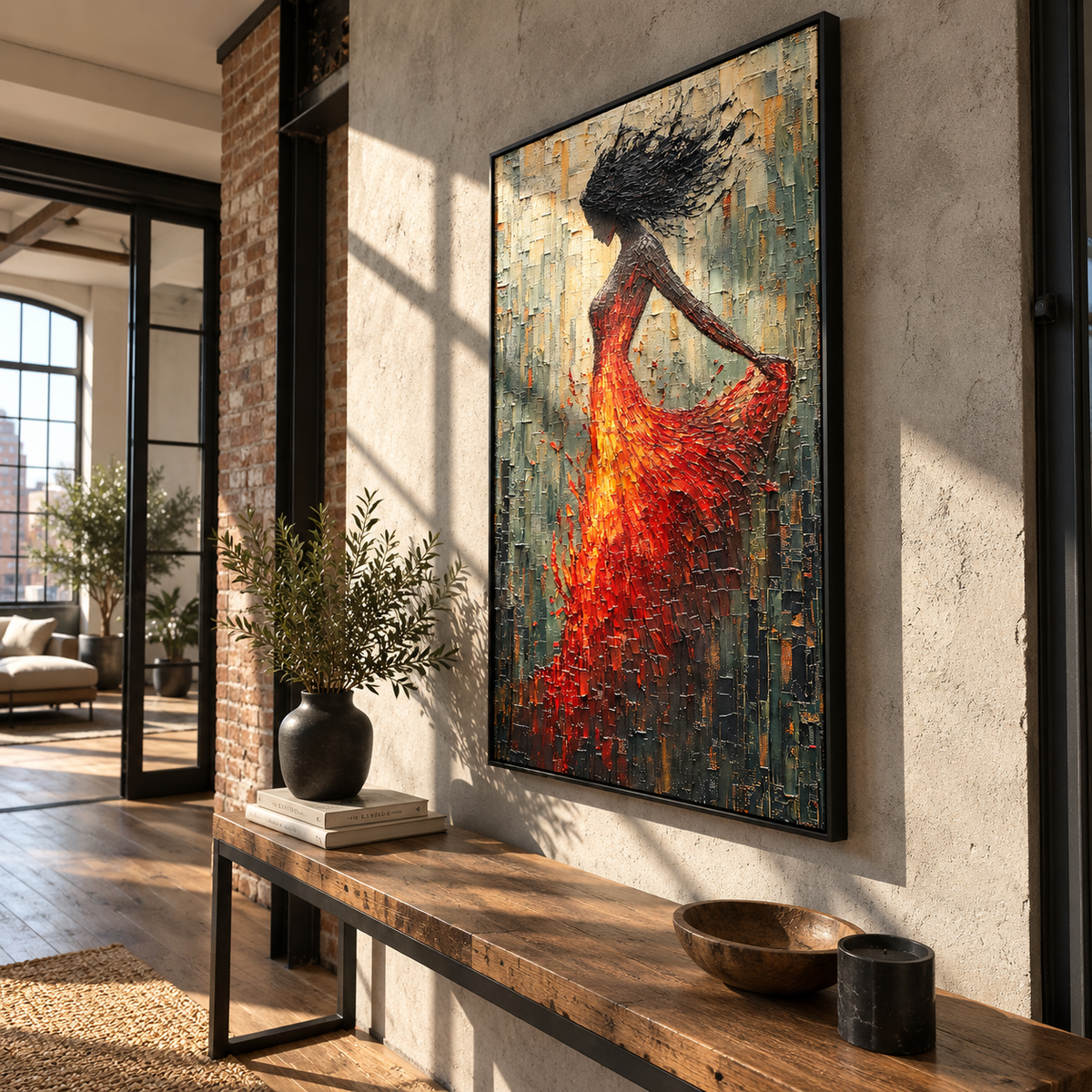 Scarlet Motion – dancing woman in red dress, Retro Modern vertical wall art - displayed along a stair landing