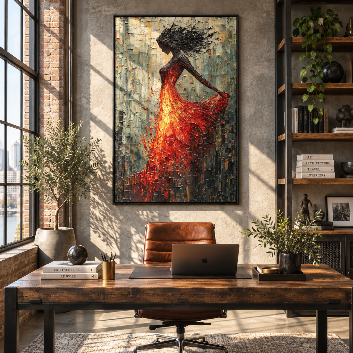 Scarlet Motion – dancing woman in red dress, Retro Modern vertical wall art - displayed in a quiet reading corner