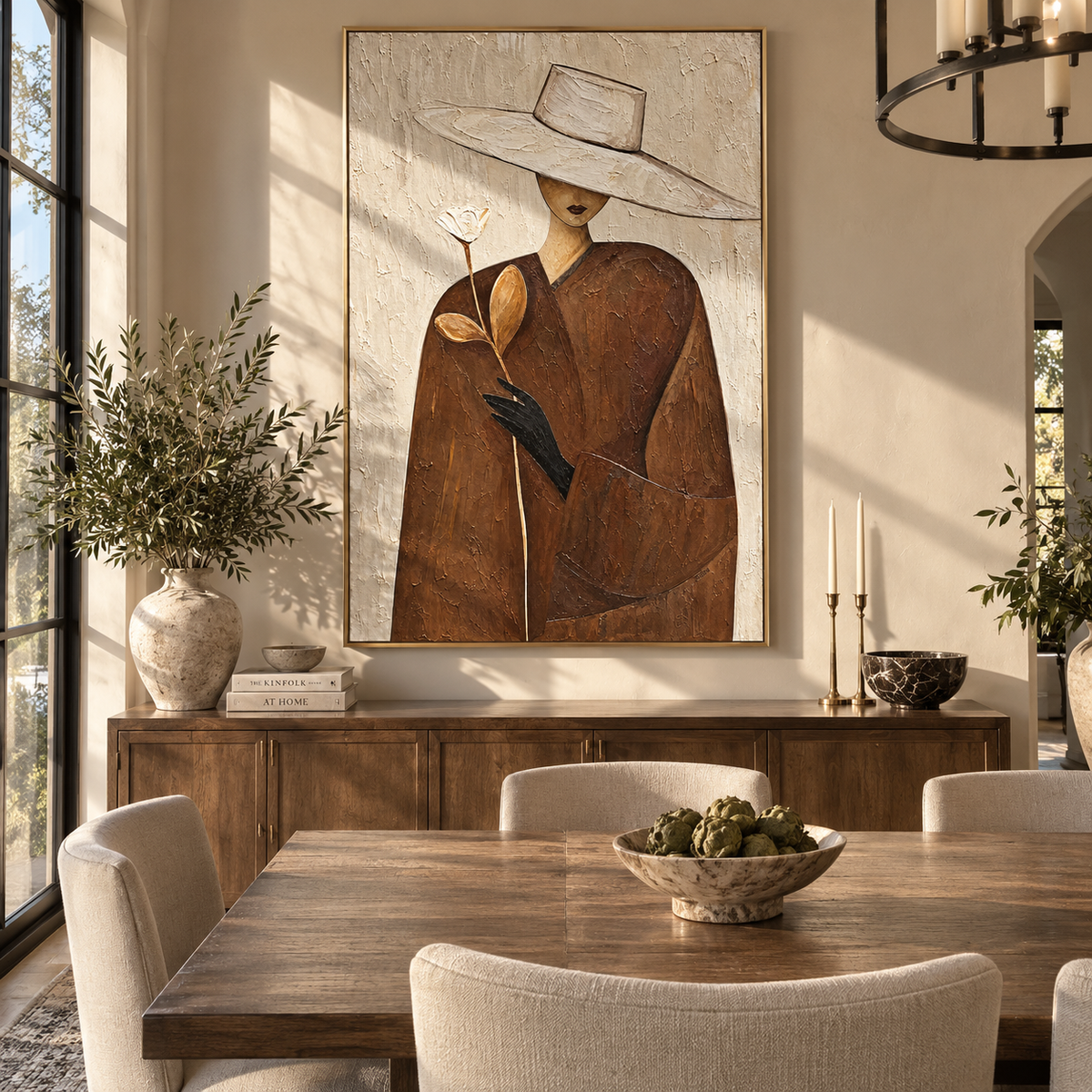 Ivory Bloom – woman in white hat holding flower, Retro Modern vertical wall art - displayed beside a bedroom dresser