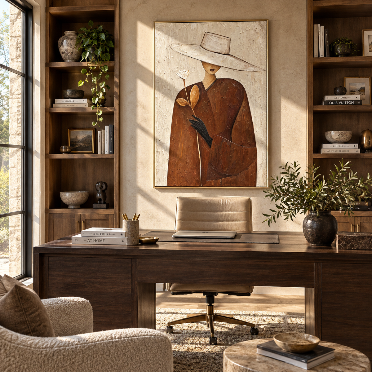 Ivory Bloom – woman in white hat holding flower, Retro Modern vertical wall art - displayed above a narrow living room console
