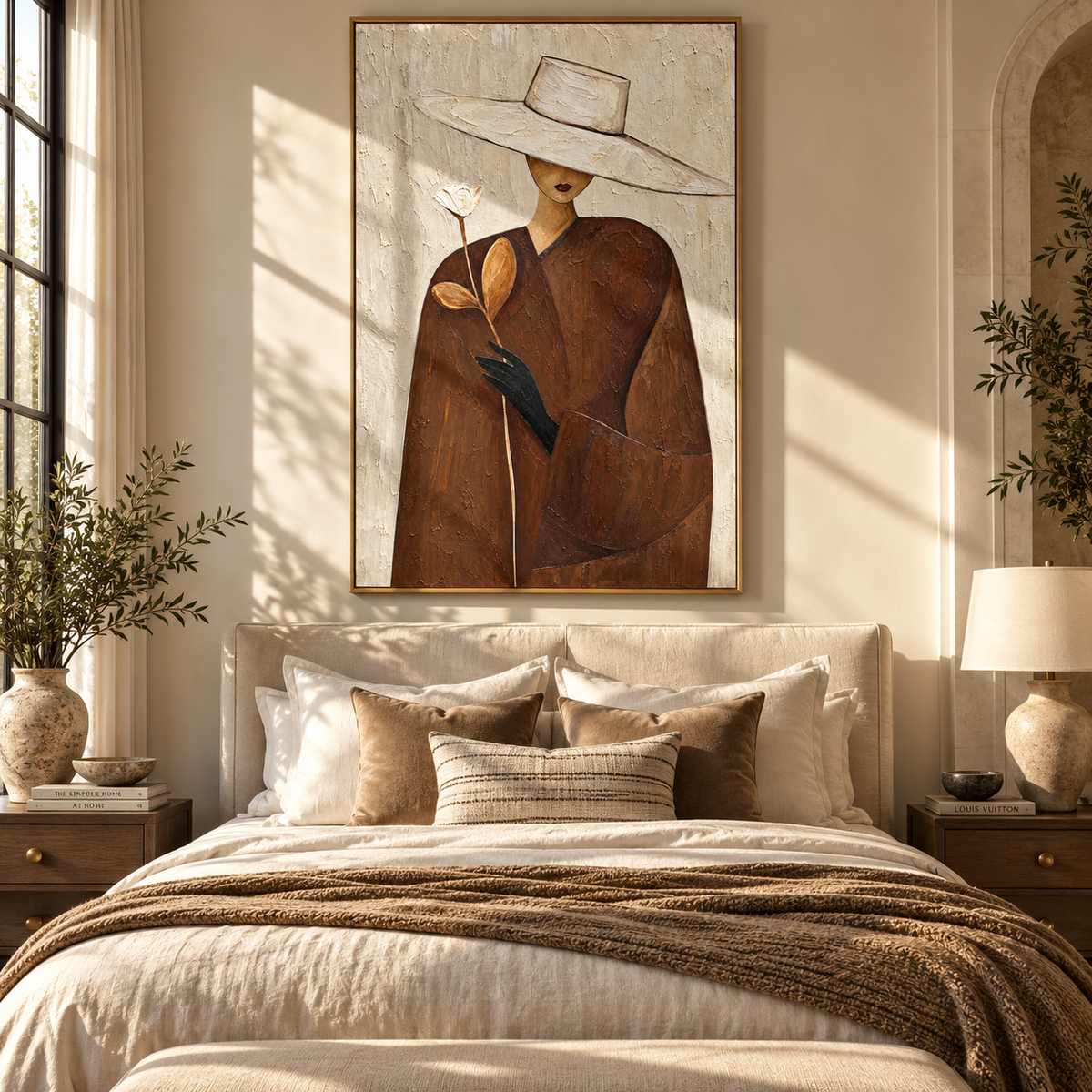 Ivory Bloom – woman in white hat holding flower, Retro Modern vertical wall art - displayed in a quiet reading corner