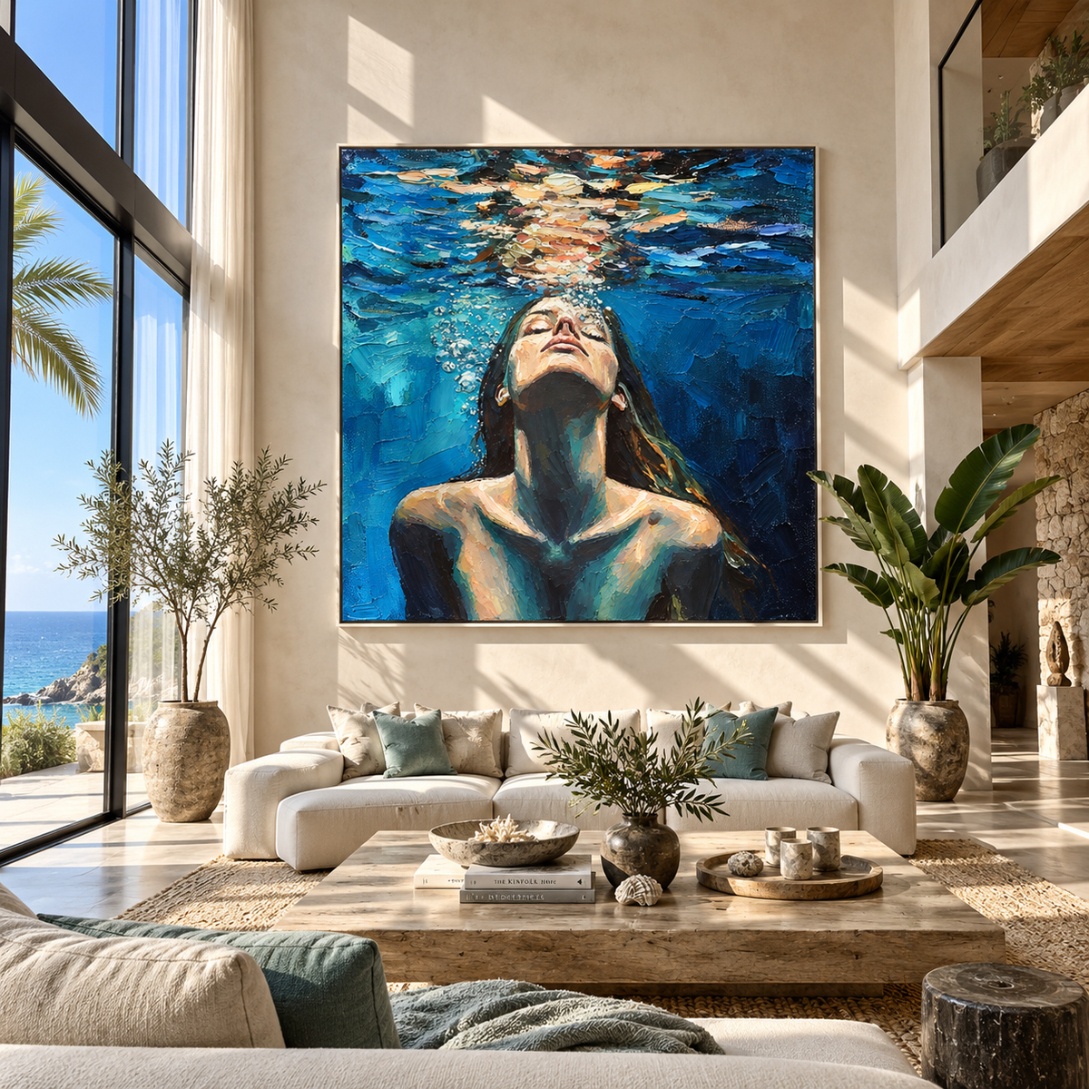 Blue Awakening – woman floating beneath water, Retro Modern square wall art - displayed above a living room console