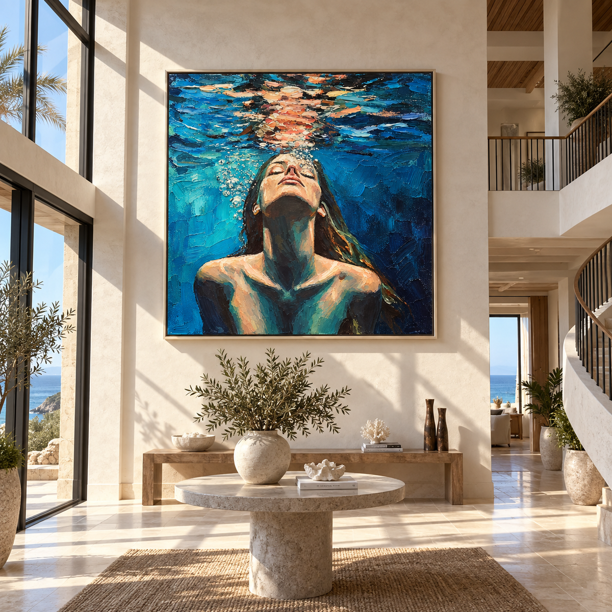 Blue Awakening – woman floating beneath water, Retro Modern square wall art - displayed in a collected modern lounge