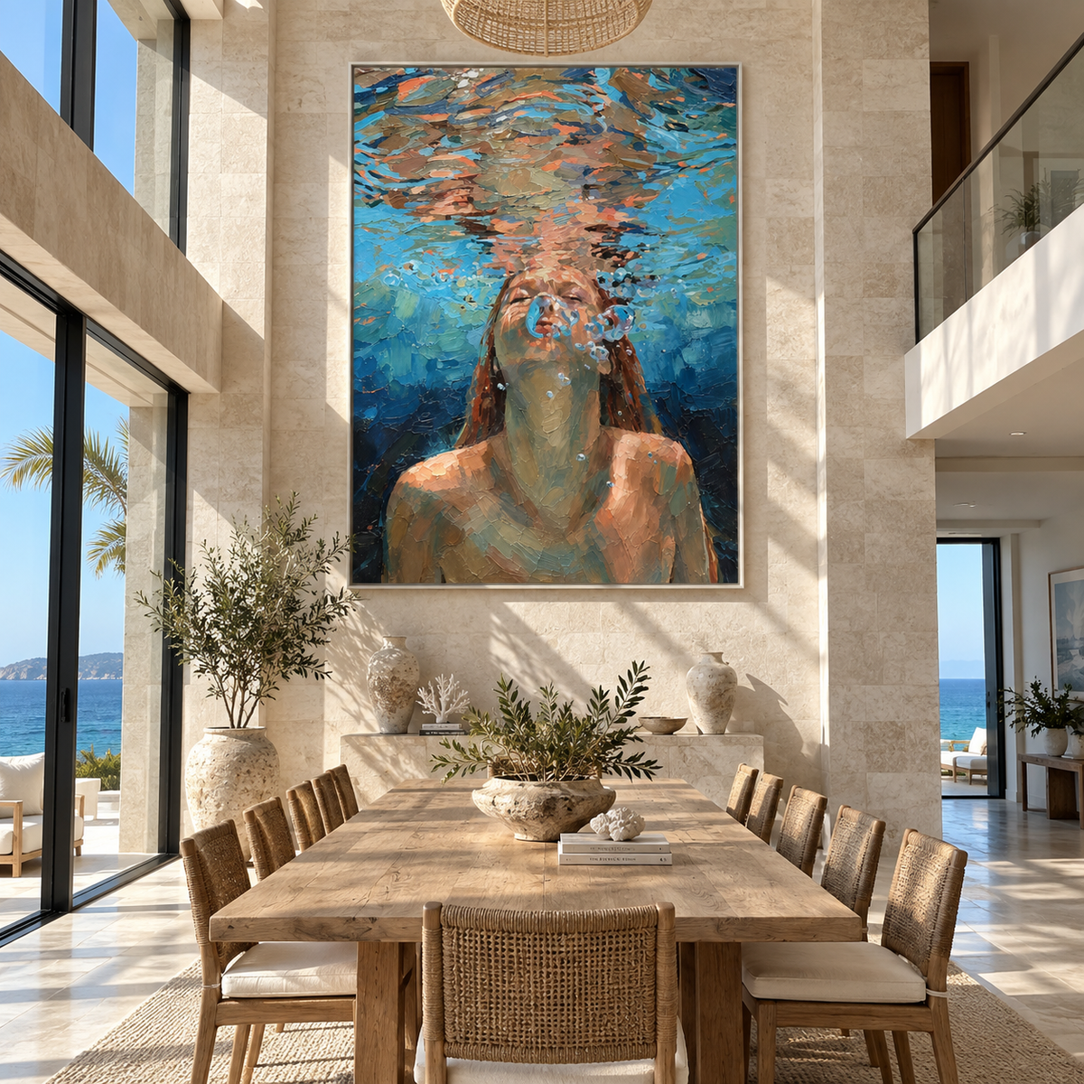 Surface Light – woman rising through blue water, Retro Modern vertical wall art - displayed above a narrow living room console