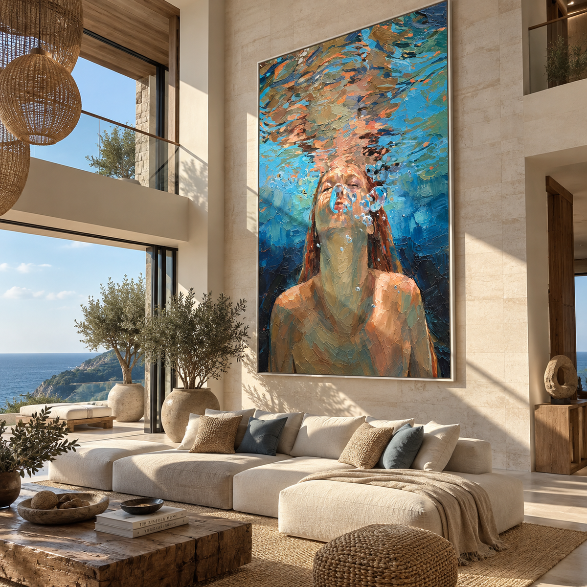 Surface Light – woman rising through blue water, Retro Modern vertical wall art - displayed in a quiet reading corner