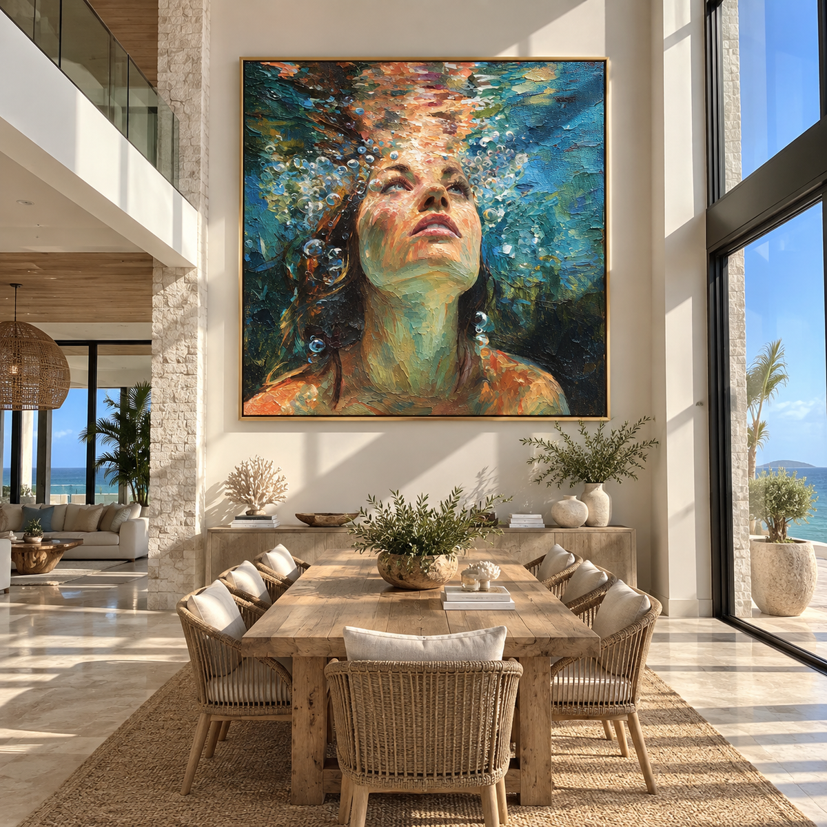 Tidal Breath – close-up woman underwater, Retro Modern square wall art - displayed over a low oak cabinet