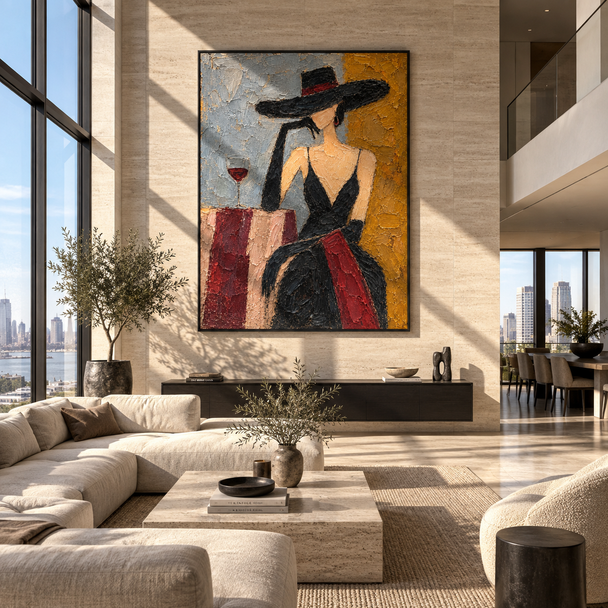 Noir Interlude – woman in black hat with wine, Retro Modern vertical wall art - displayed above a narrow living room console