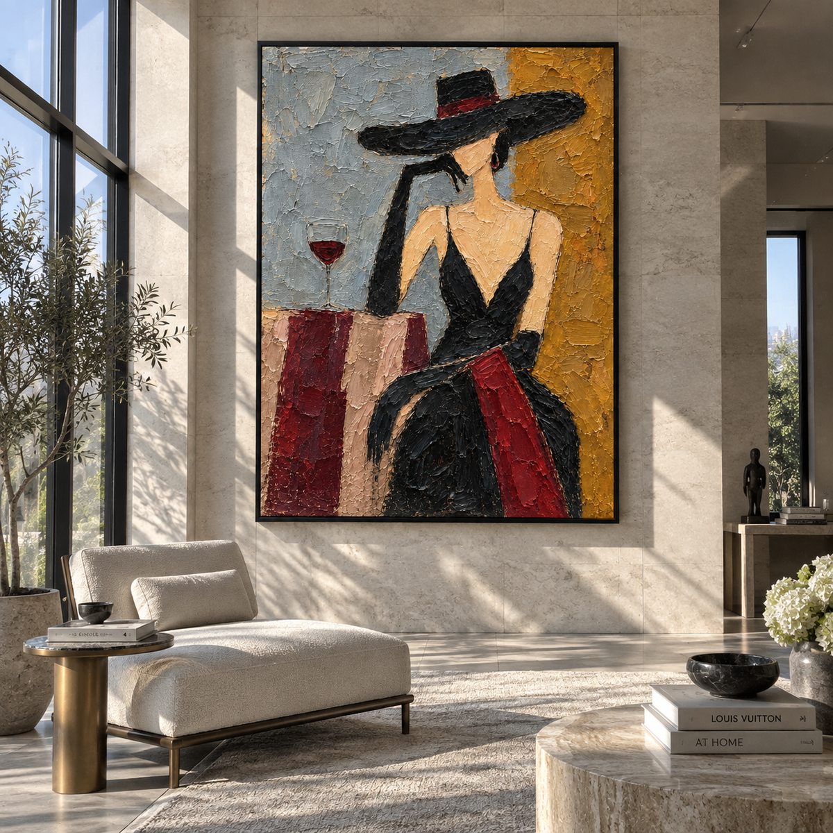 Noir Interlude – woman in black hat with wine, Retro Modern vertical wall art - displayed in a quiet reading corner
