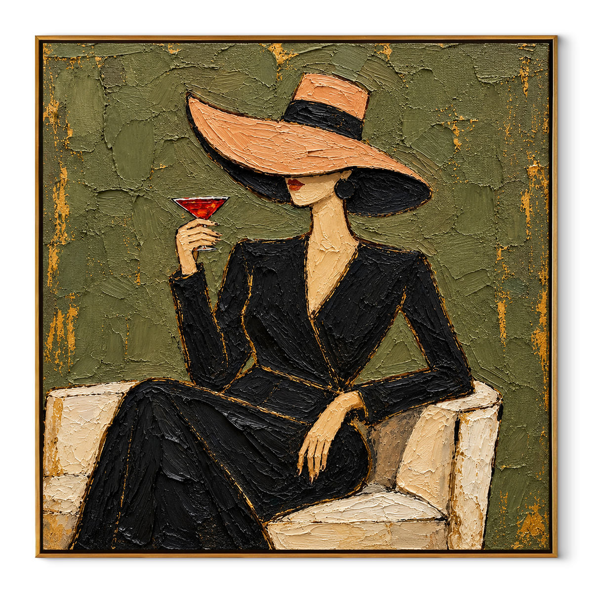 Olive Hour – woman in black suit with cocktail, Retro Modern square wall art - wood frame on white background